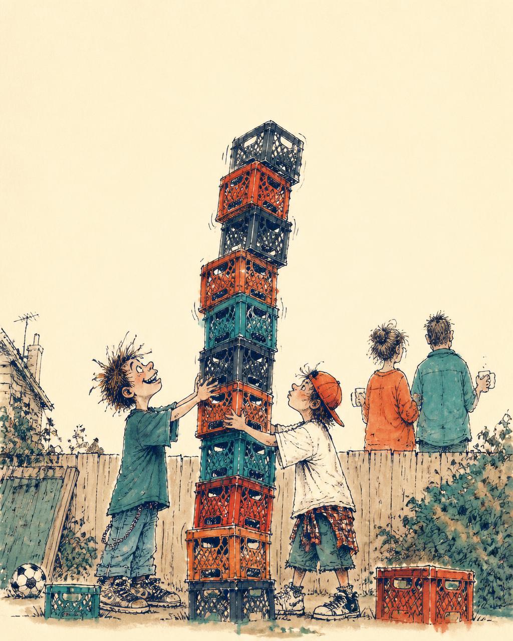 Cover direction one: a boy crouched grinning on top of a swaying tower of milk crates while two friends hold it steady and the grown-ups have tea facing the wrong way