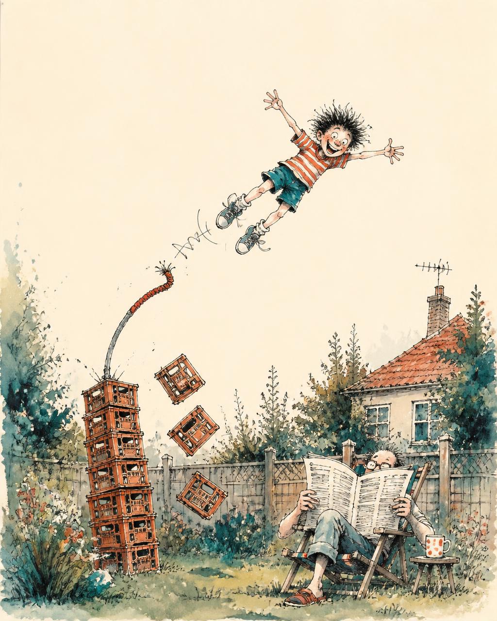 Cover direction two: a boy flying through the air above a garden as milk crates scatter below and his parents carry on hanging washing