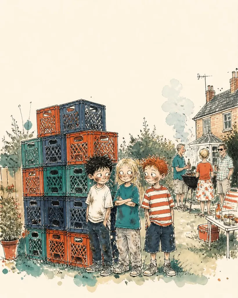 Cover direction three: three kids restacking the milk crates neatly by the fence, one glancing guiltily out at the reader, parents at a barbecue behind them