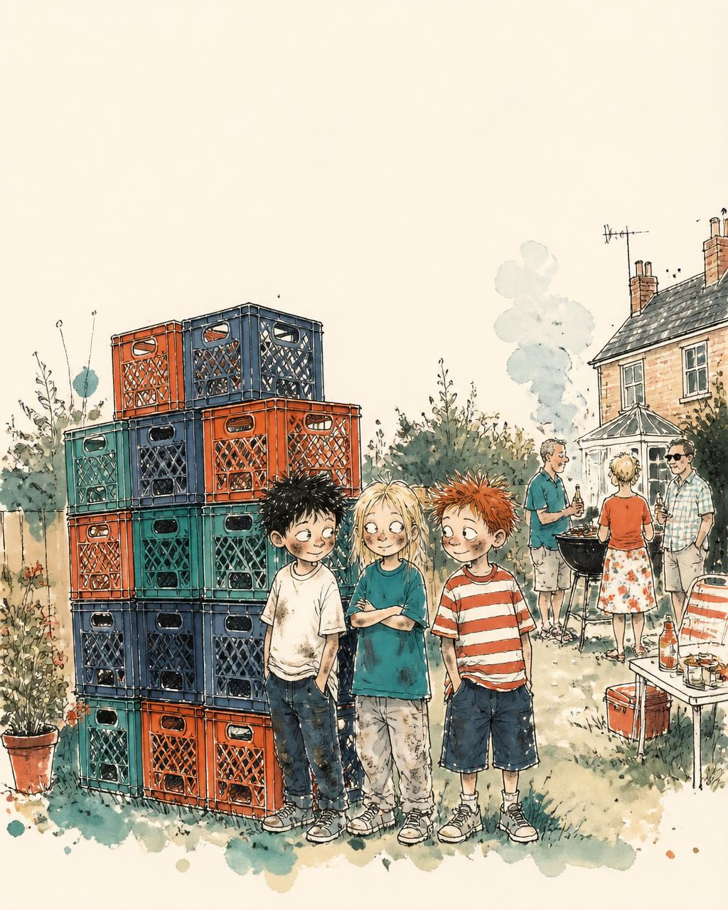Cover direction three: three kids restacking the milk crates neatly by the fence, one glancing guiltily out at the reader, parents at a barbecue behind them