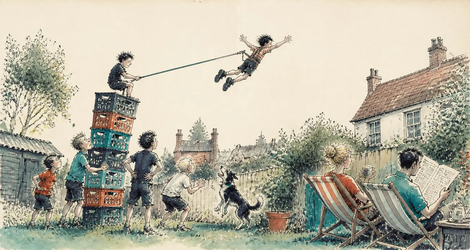Pen-and-wash illustration of a boy flying through the air above a 1990s back garden as milk crates tumble, while his mum pegs washing and his dad reads a newspaper, both facing away