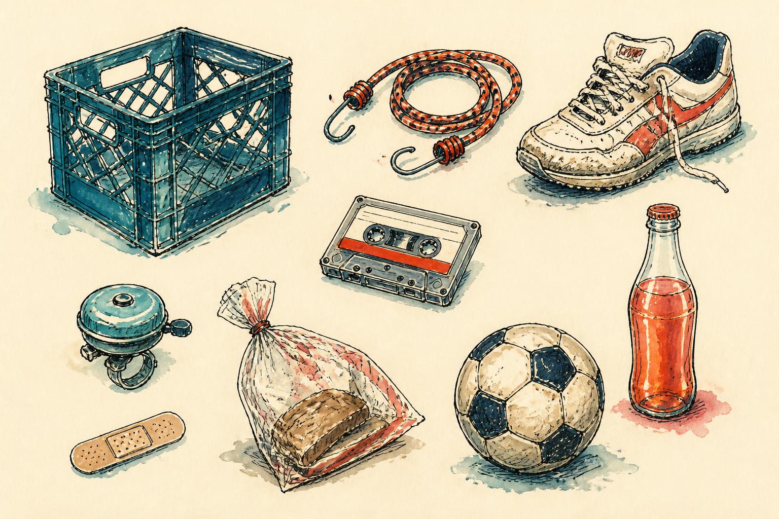 Pen-and-wash flatlay of 1990s childhood props: a milk crate, coiled bungee cord, scuffed trainer, cassette, bottle of pop, plaster, bike bell, bread bag and football
