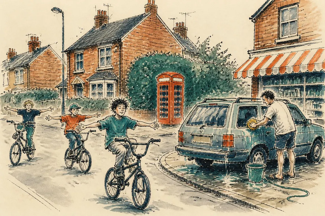 Pen-and-wash illustration of a 1990s Essex village street with kids freewheeling past a red phone box while a dad washes his car, facing away