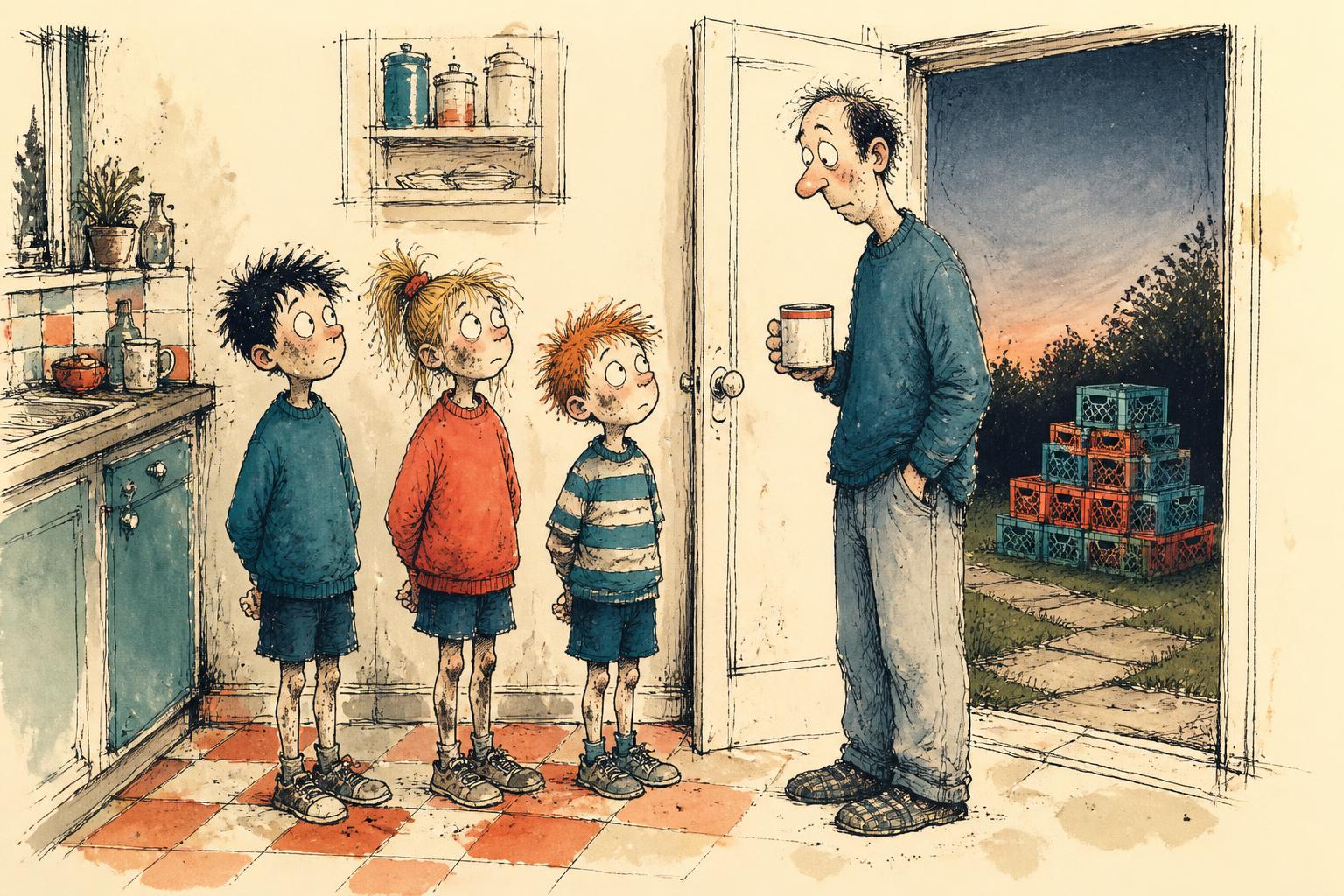 Three grubby children standing innocently in a kitchen doorway while a dad holds a mug and looks puzzled