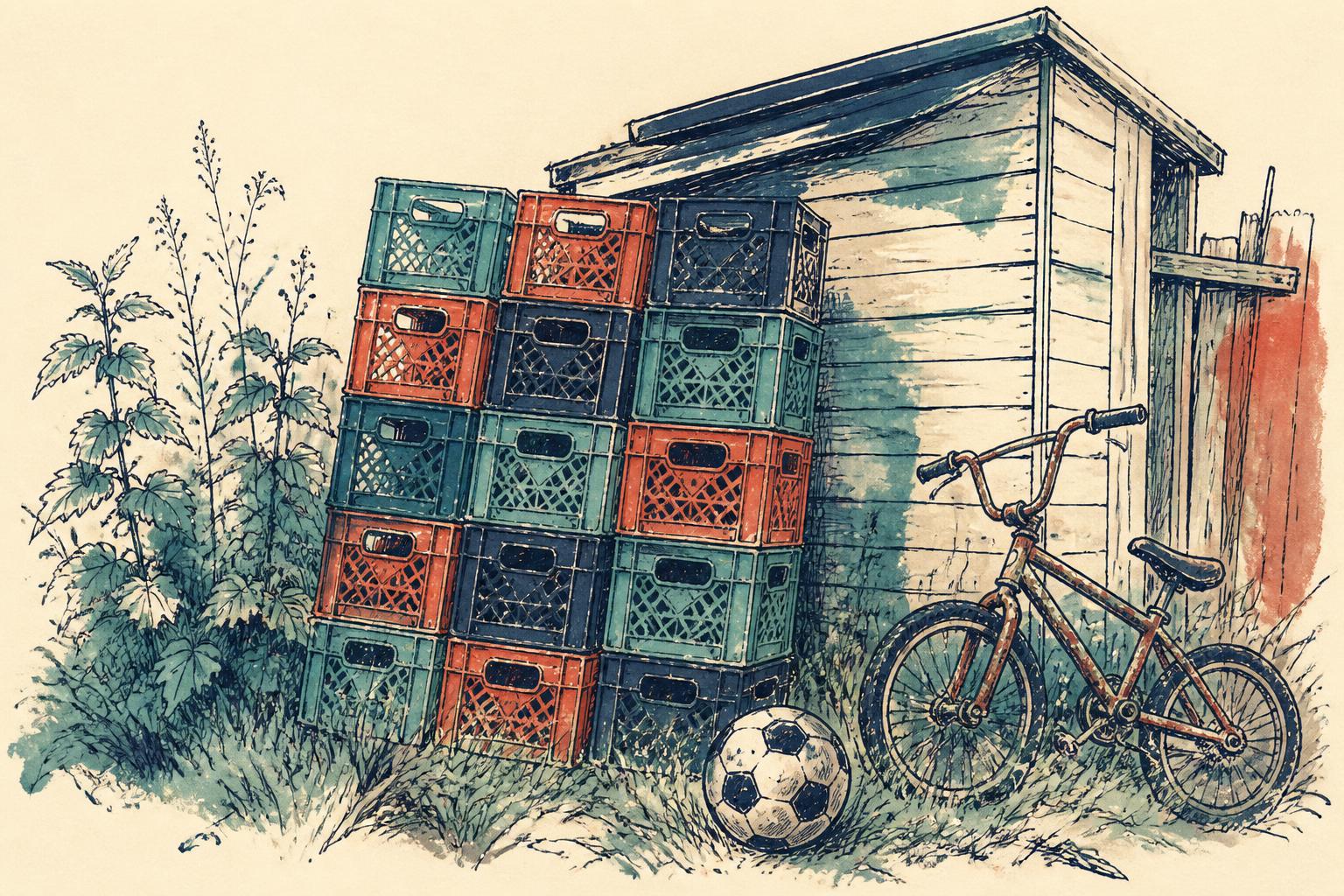 Pen-and-wash illustration of nineteen milk crates stacked behind a garden shed with nettles and a bike