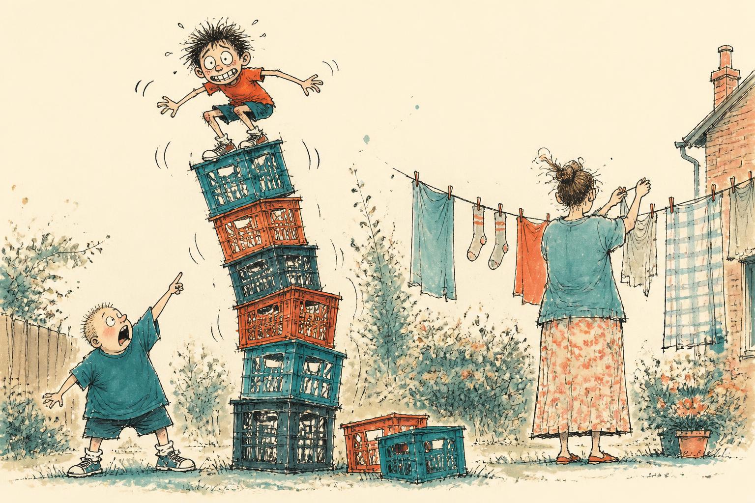 Boy at the top of a swaying tower of milk crates while a friend eggs him on from the grass and a mum pegs washing, oblivious