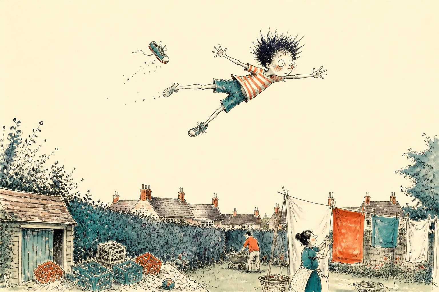 Boy flying sideways high above an English back garden, one trainer coming off, adults below not looking up