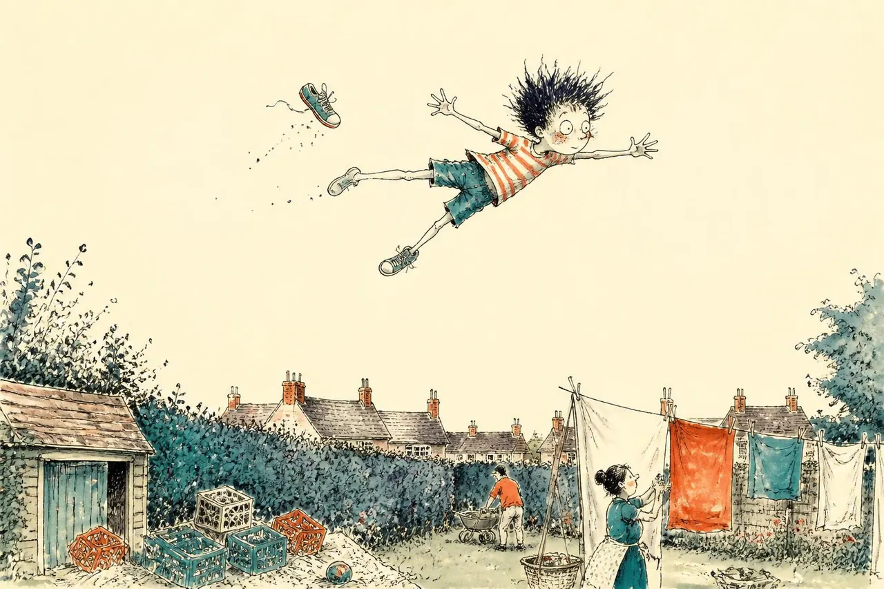 Children launching something across a village green while the adults chat with their backs turned